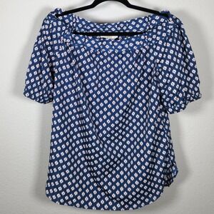 Michael‎ Kors Blue White Geometric Floral Print Off Shoulder Blouse Top Sz M
